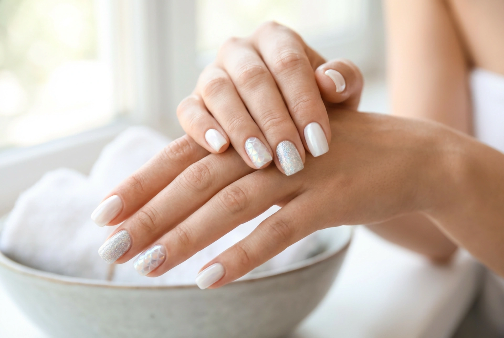 Uñas blancas con polvos: efecto sirena, holo y perla paso a paso