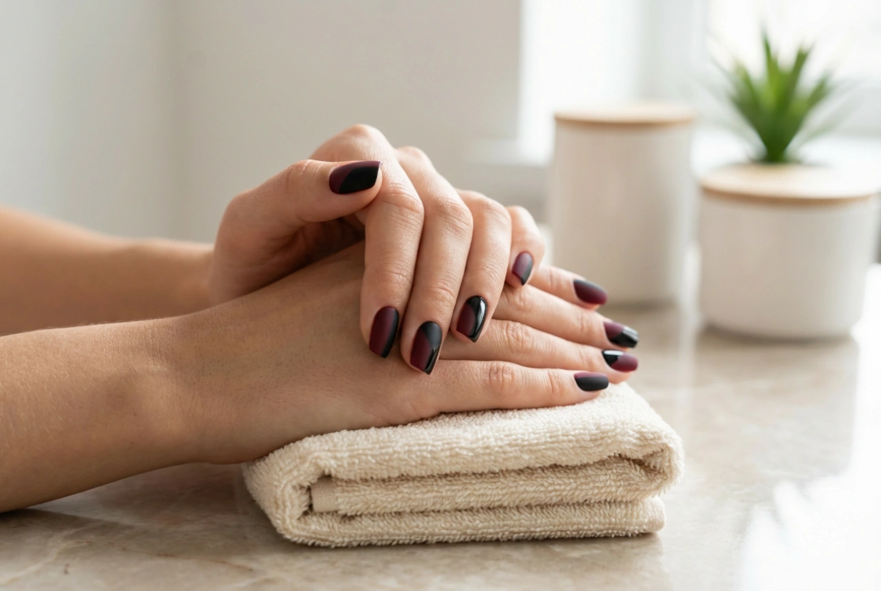 Uñas burdeos y negras: líneas geométricas, mate y brillo