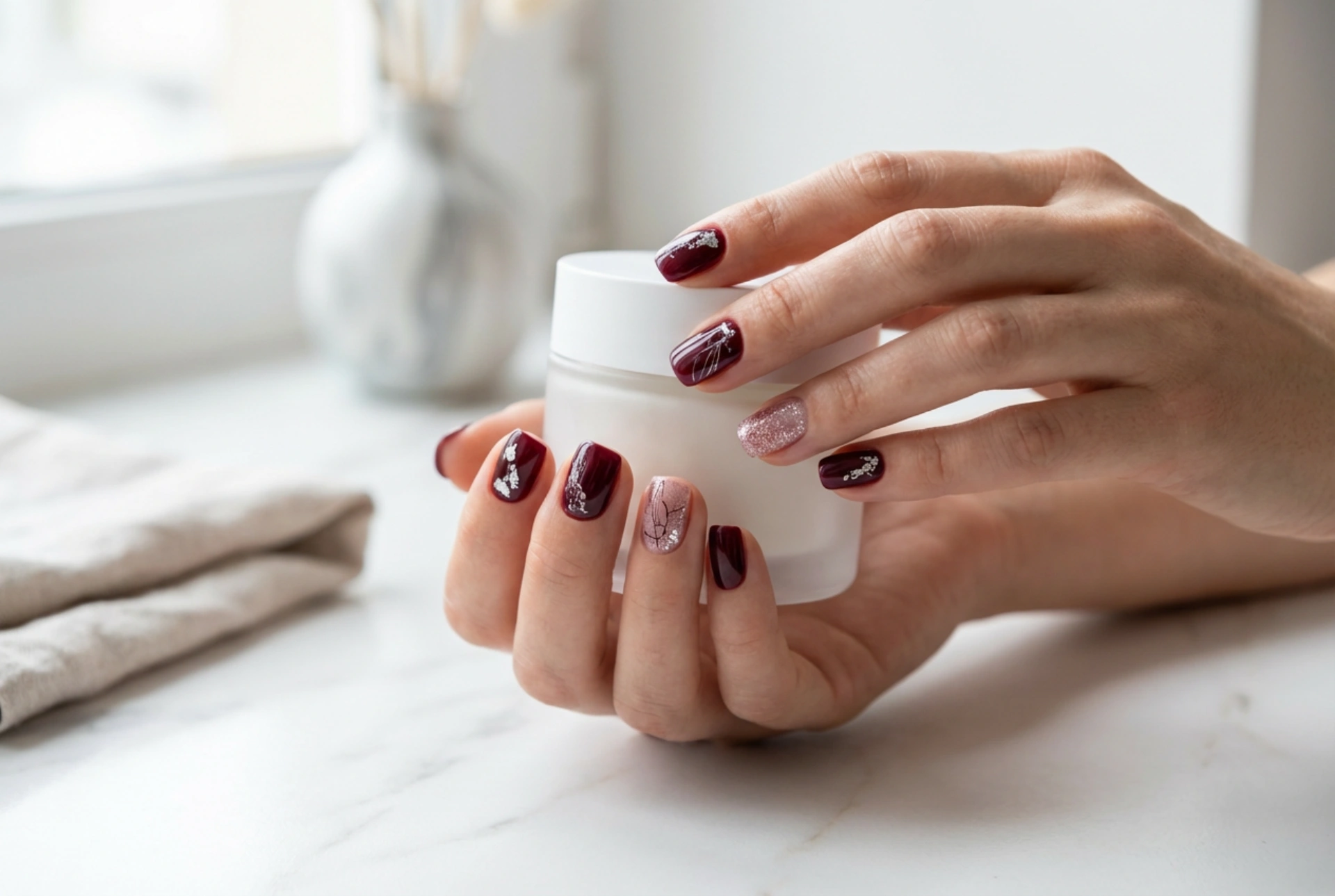 Uñas burdeos con plata: acentos metálicos, láminas y purpurina