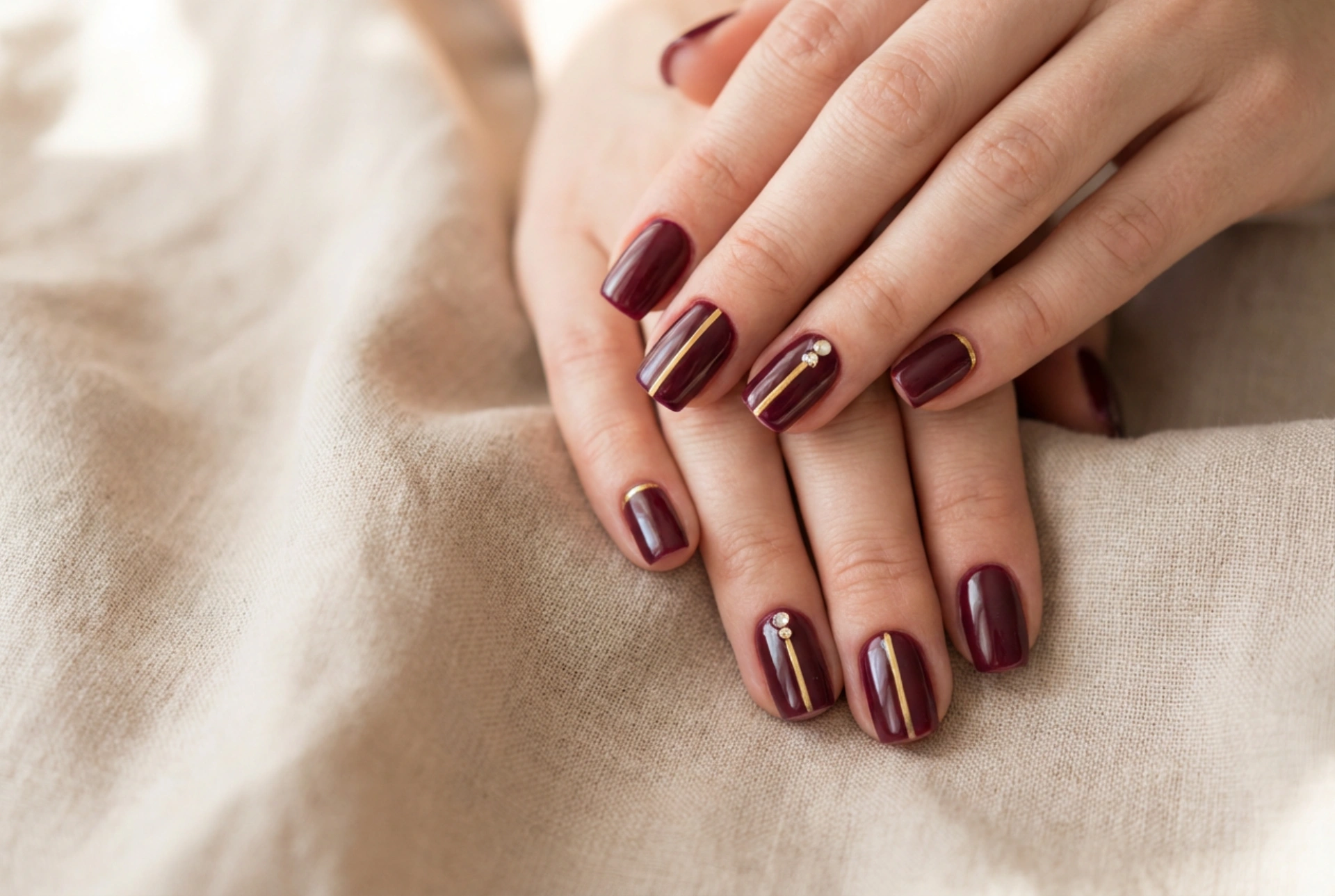 Uñas burdeos con dorado: detalles de lujo, rayas y pedrería