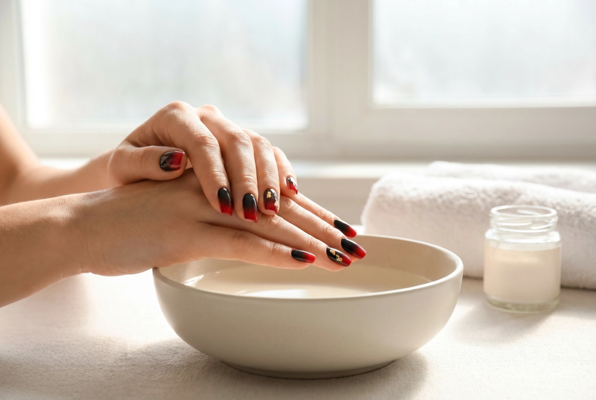 Uñas negras y rojas: un dúo elegante, degradado y decoraciones