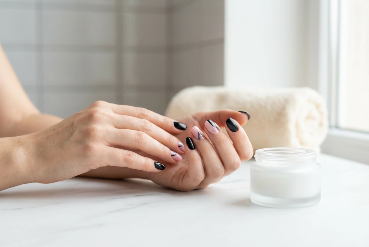 Uñas negras con rosa: detalles geométricos y purpurina paso a paso