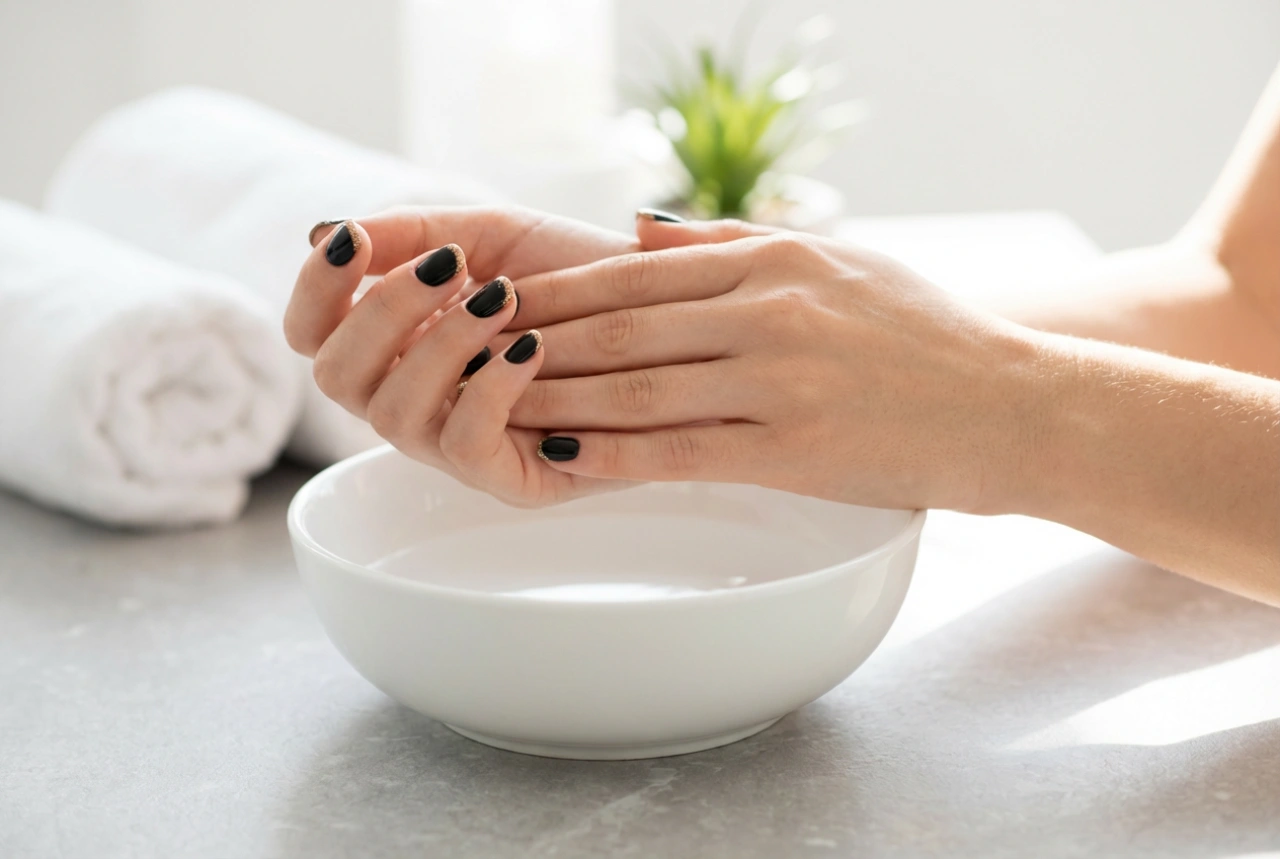 Detalles brillantes: uñas negras con purpurina dorada paso a paso