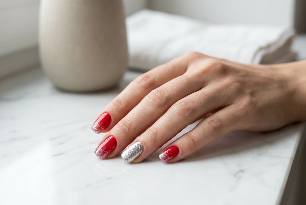 Uñas rojas con purpurina plateada: degradado uniforme y diseño de acento