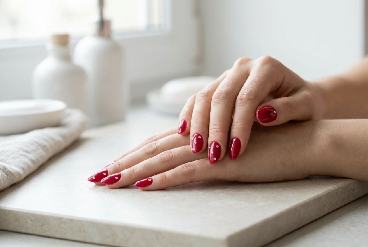 Uñas rojas con circonitas: cómo fijar los adornos, composiciones y durabilidad