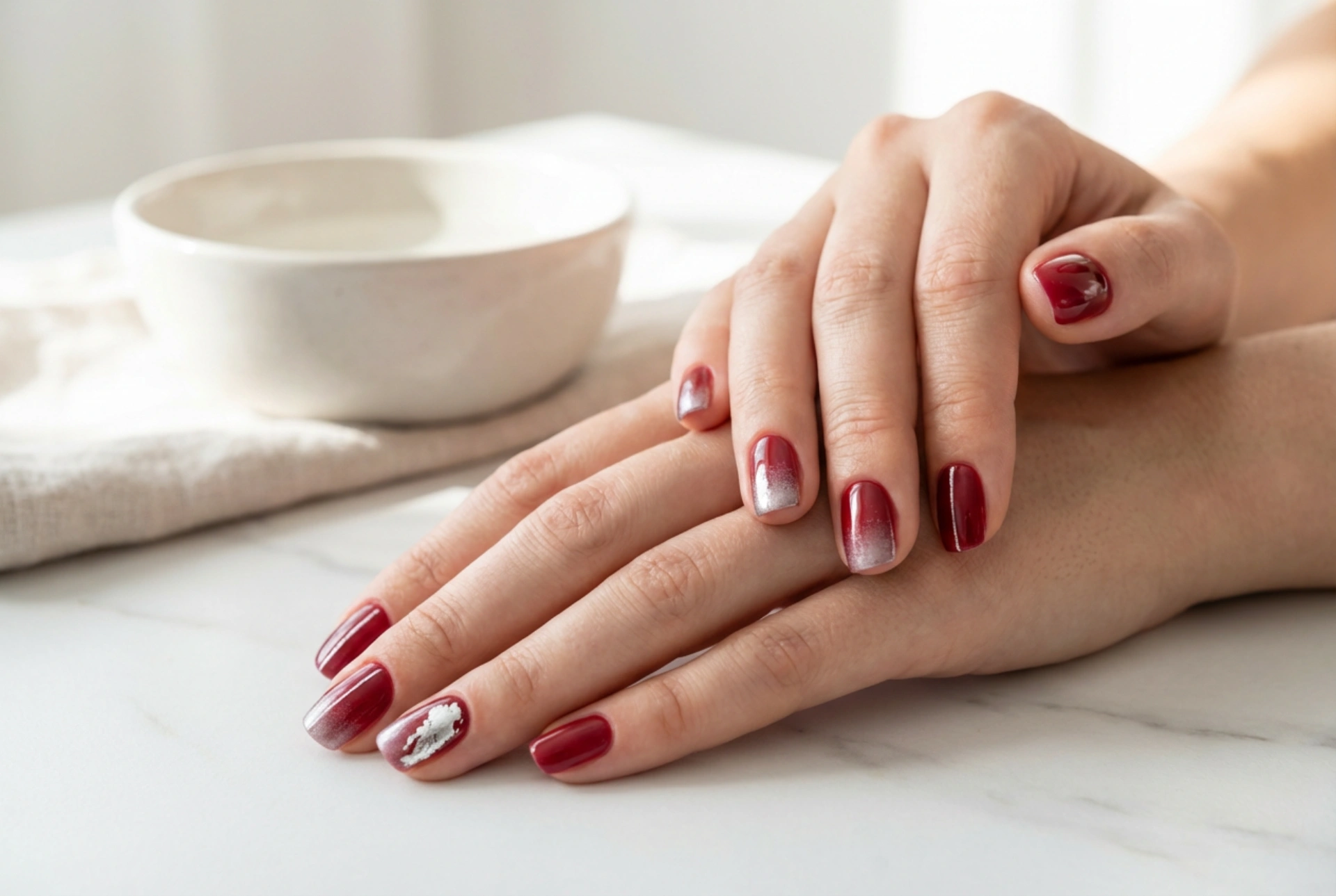 Uñas rojas con plata: degradado, líneas y acento en una sola uña