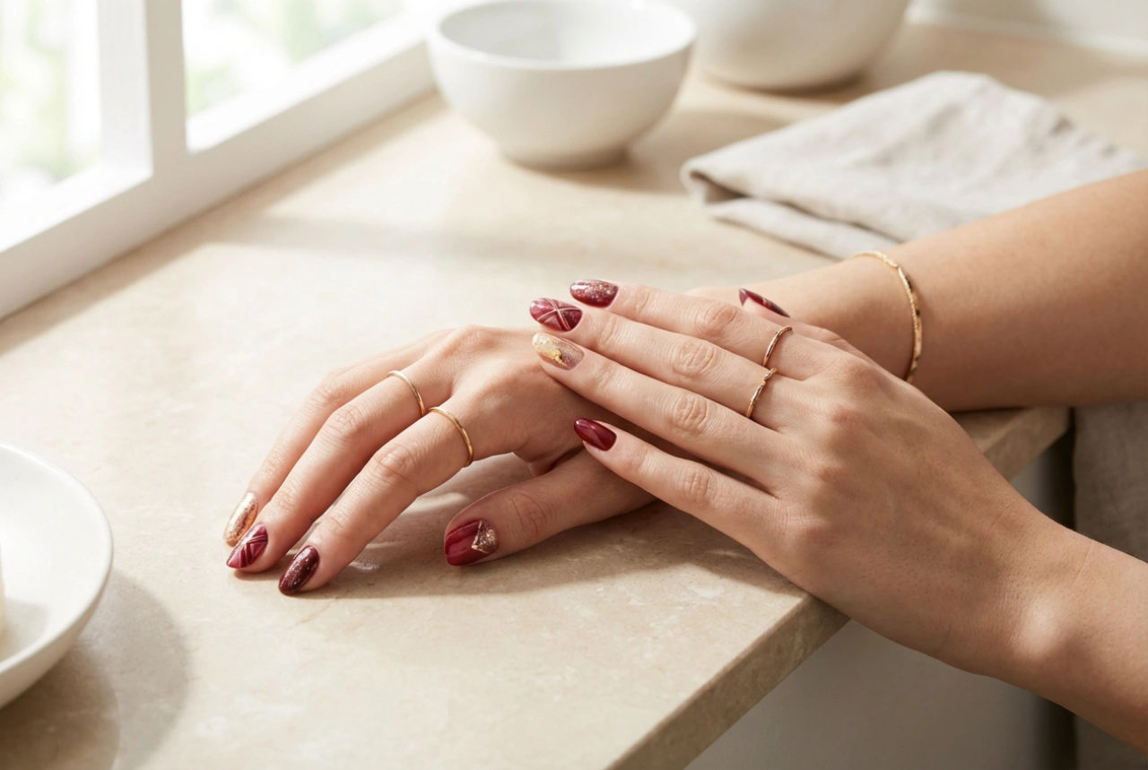 Combinación elegante: uñas rojas con dorado en tres versiones