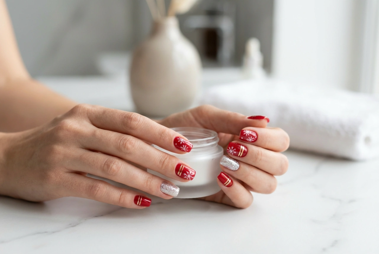 Uñas navideñas rojas: copos de nieve, líneas elegantes y un toque brillante