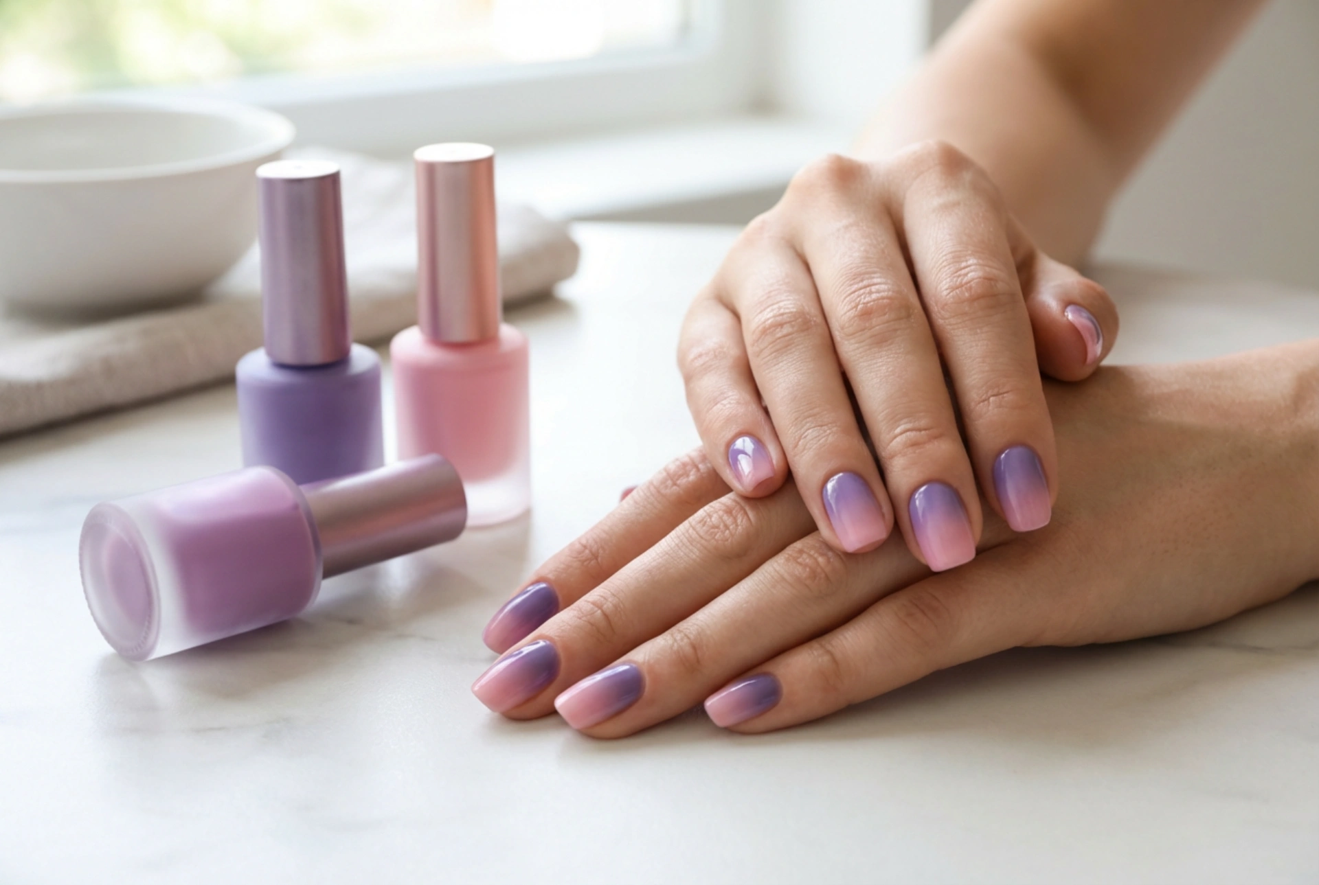 Uñas en tonos violeta y rosa: cómo lograr un degradado ombre suave y acentos armoniosos
