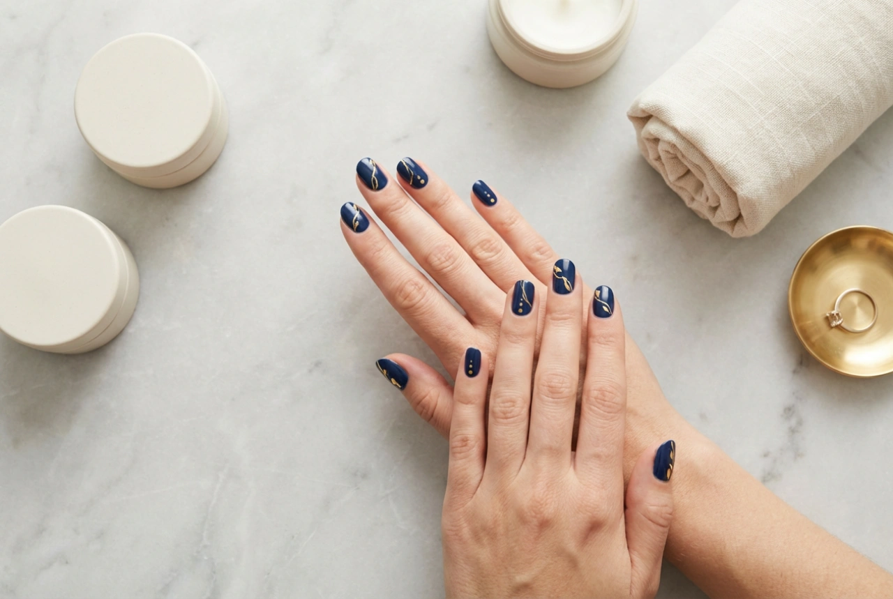 Uñas azul marino con dorado: un dúo elegante en tres versiones sencillas