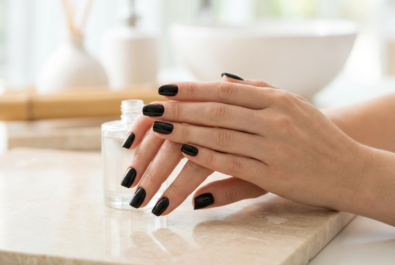 Manicura de gel negra: preparación de la uña, cobertura y brillo