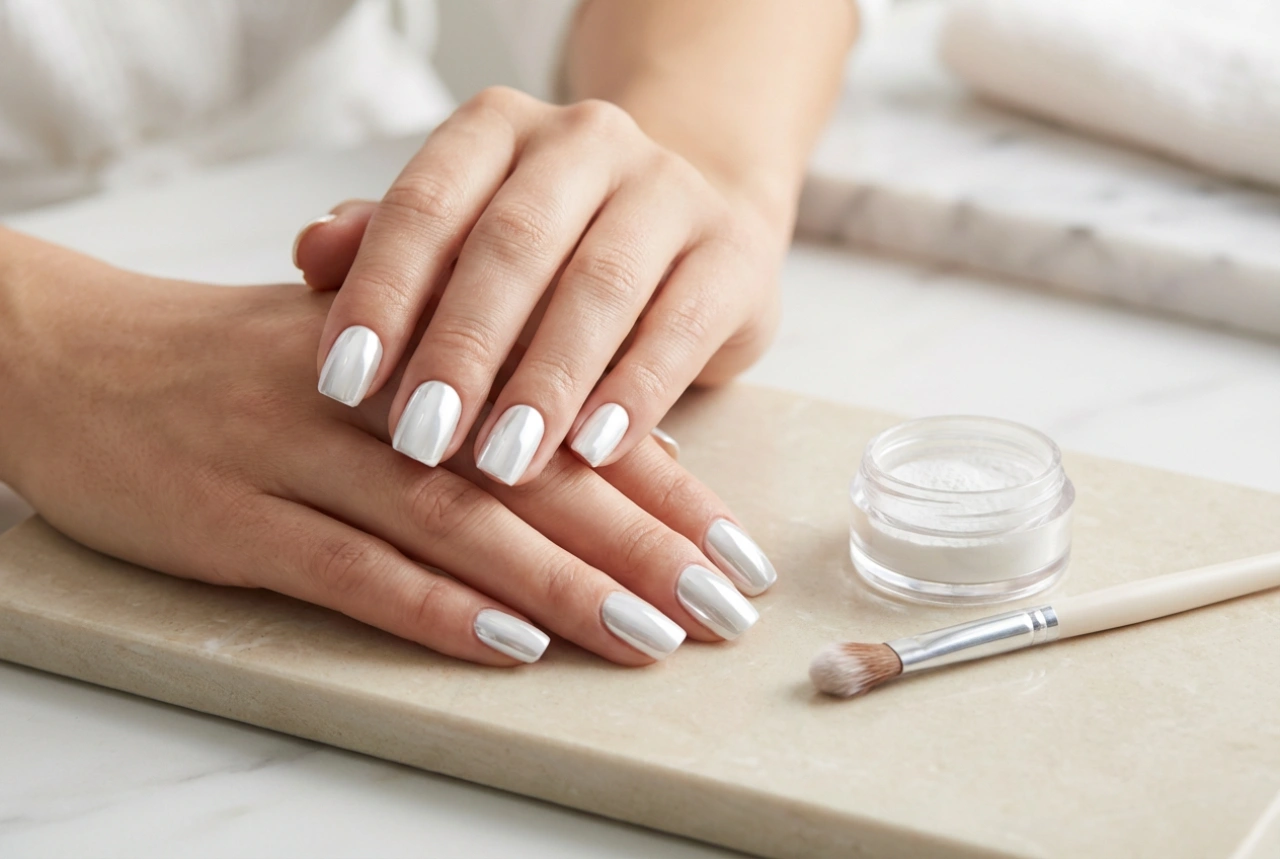Uñas espejo blancas: aplicación del polvo, base de color y protección