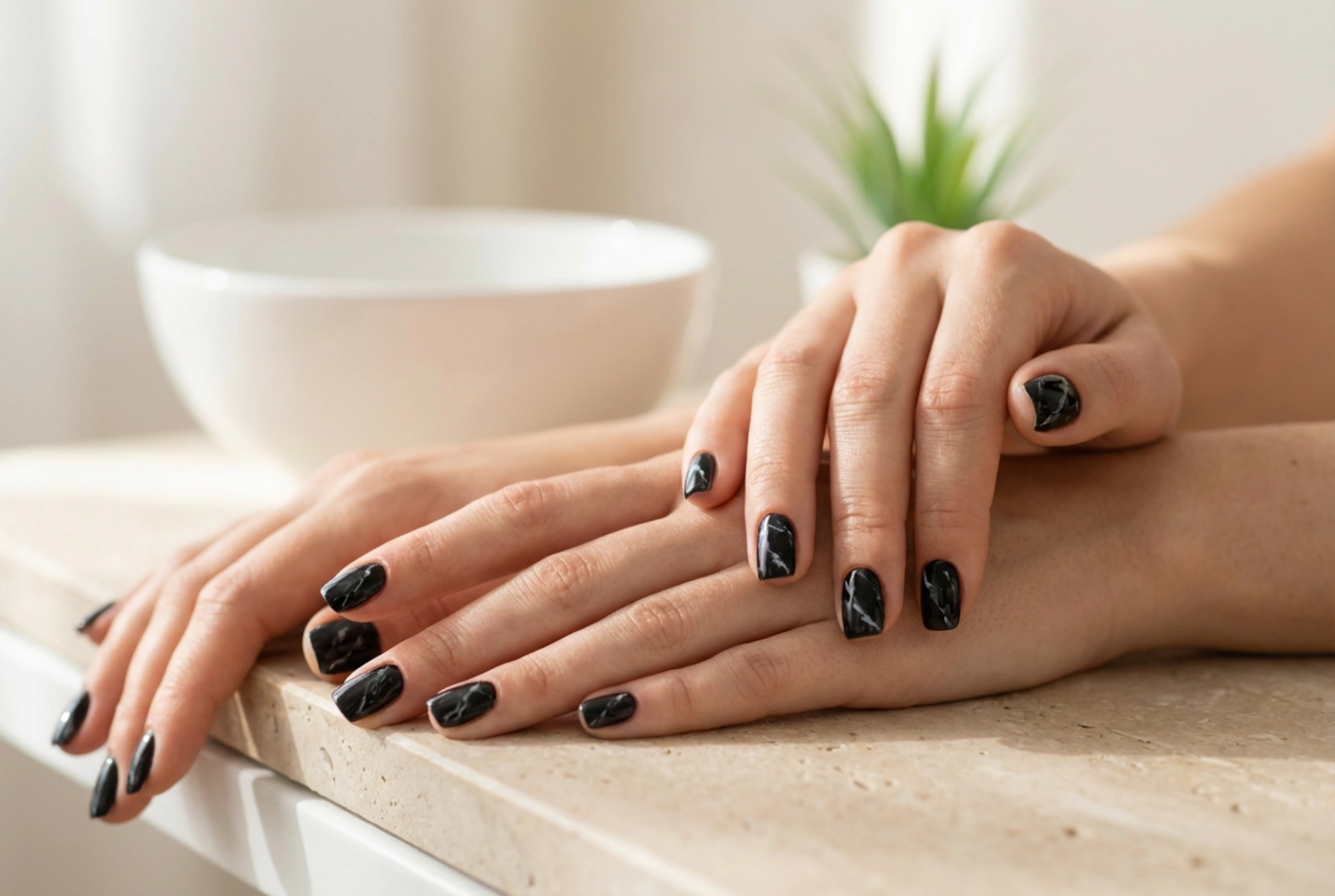 Uñas efecto mármol negro: dos técnicas de diseño y fijación del patrón