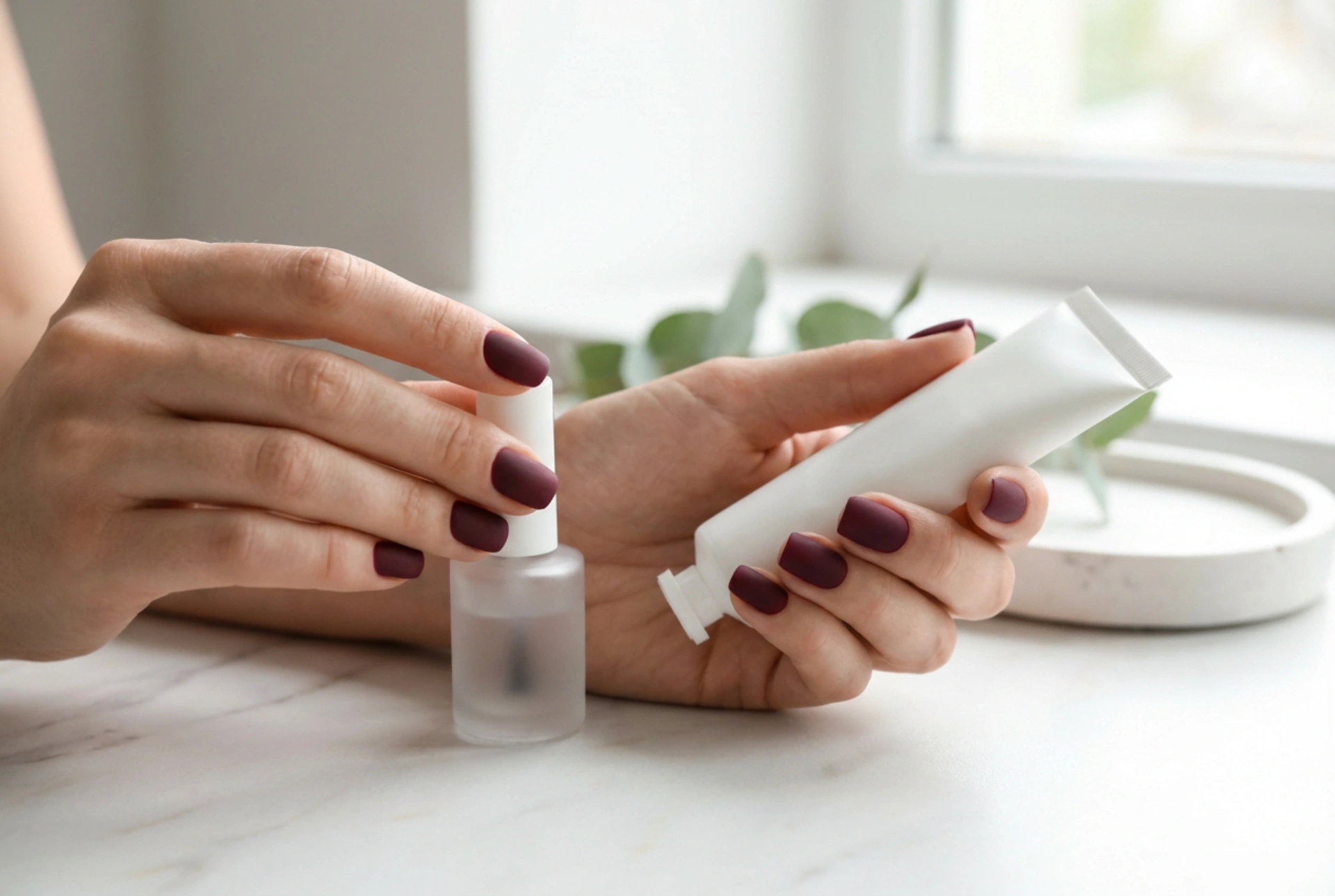 Uñas burdeos mate: base lisa, elección del top coat y cuidado posterior