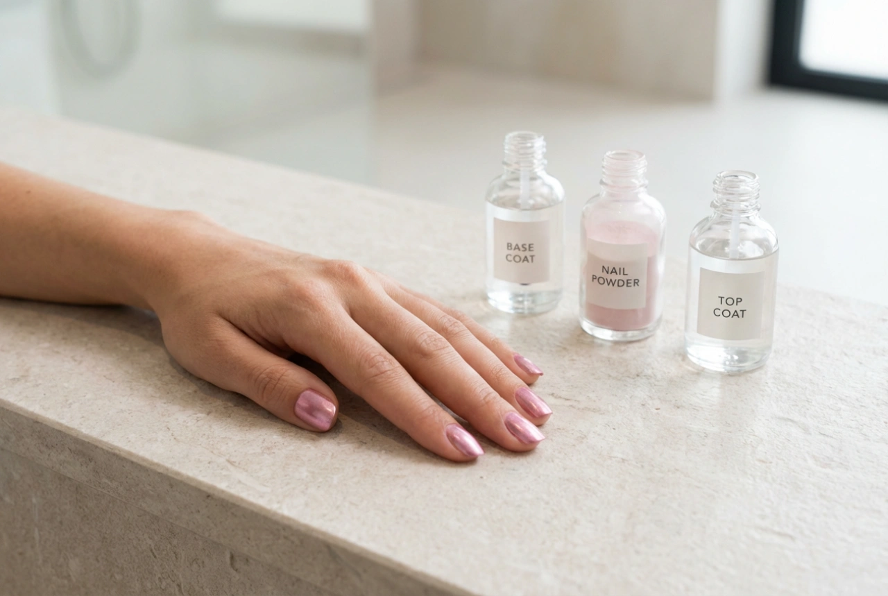 Uñas rosa metalizado paso a paso: bases, polvos de brillo y top coat