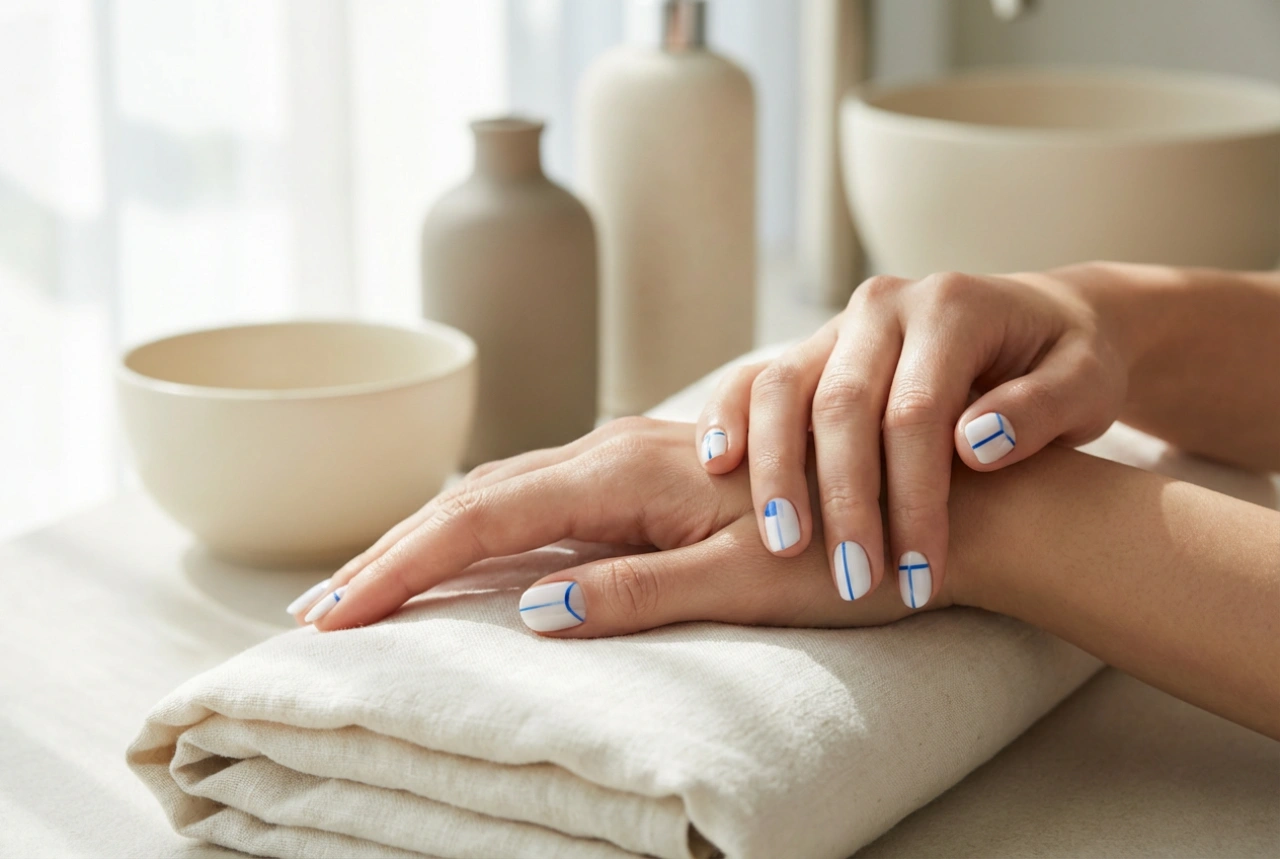 Uñas en azul y blanco: decoraciones sencillas y líneas limpias