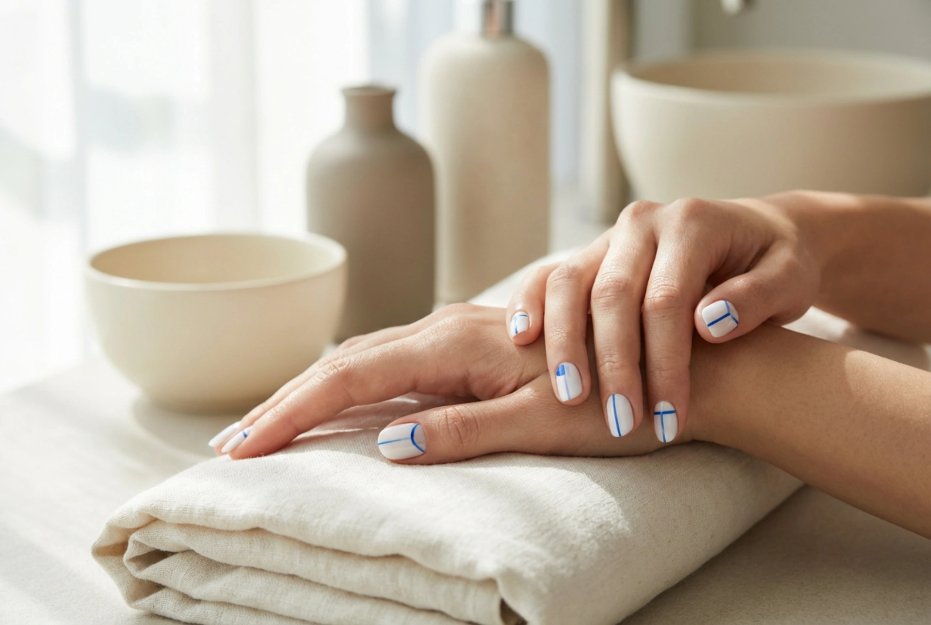 Uñas en azul y blanco: decoraciones sencillas y líneas limpias