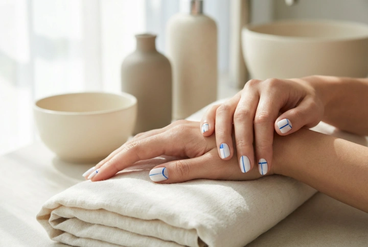 Uñas en azul y blanco: decoraciones sencillas y líneas limpias