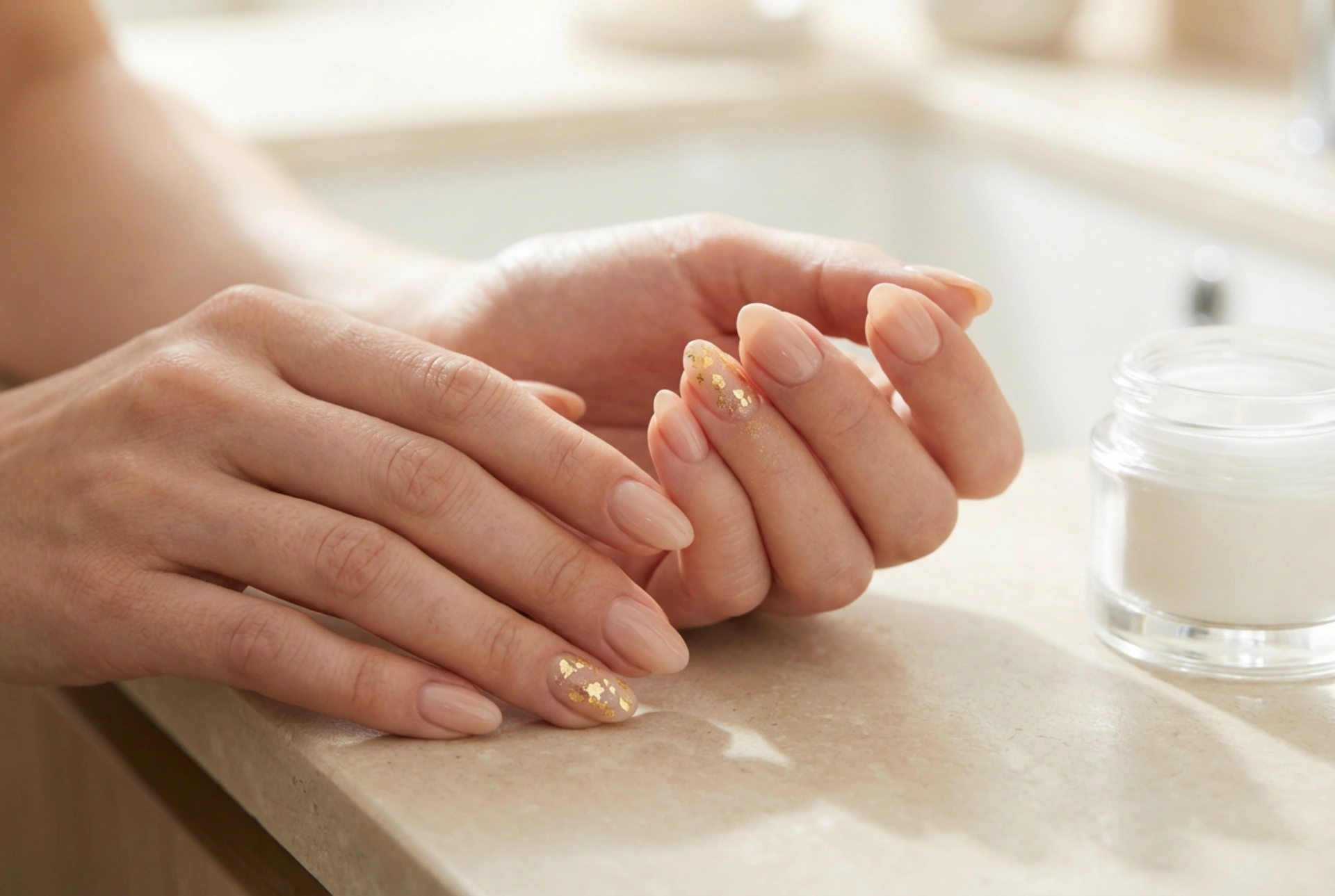 Uñas nude con oro: acentos elegantes, láminas y polvos