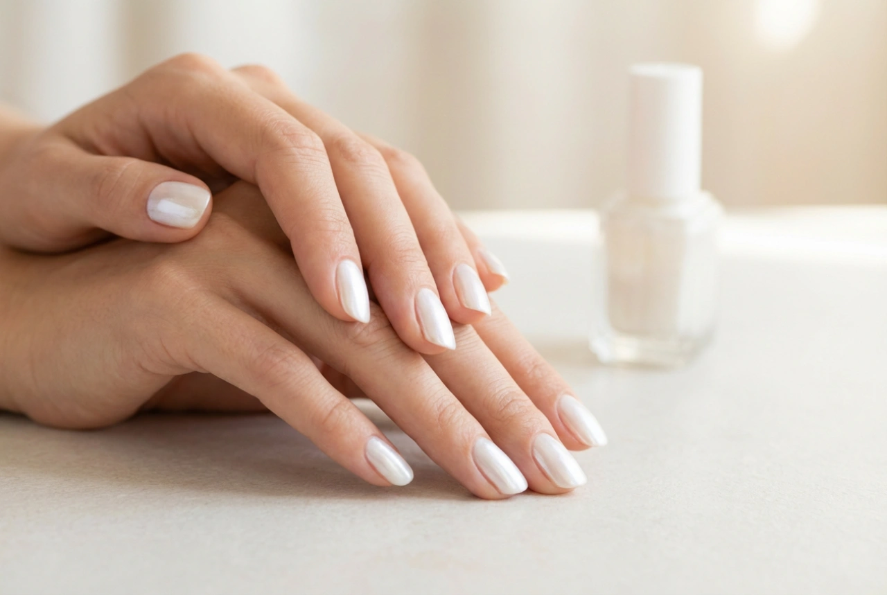 Uñas blancas perladas: aplicación de esmalte perlado sin rayas