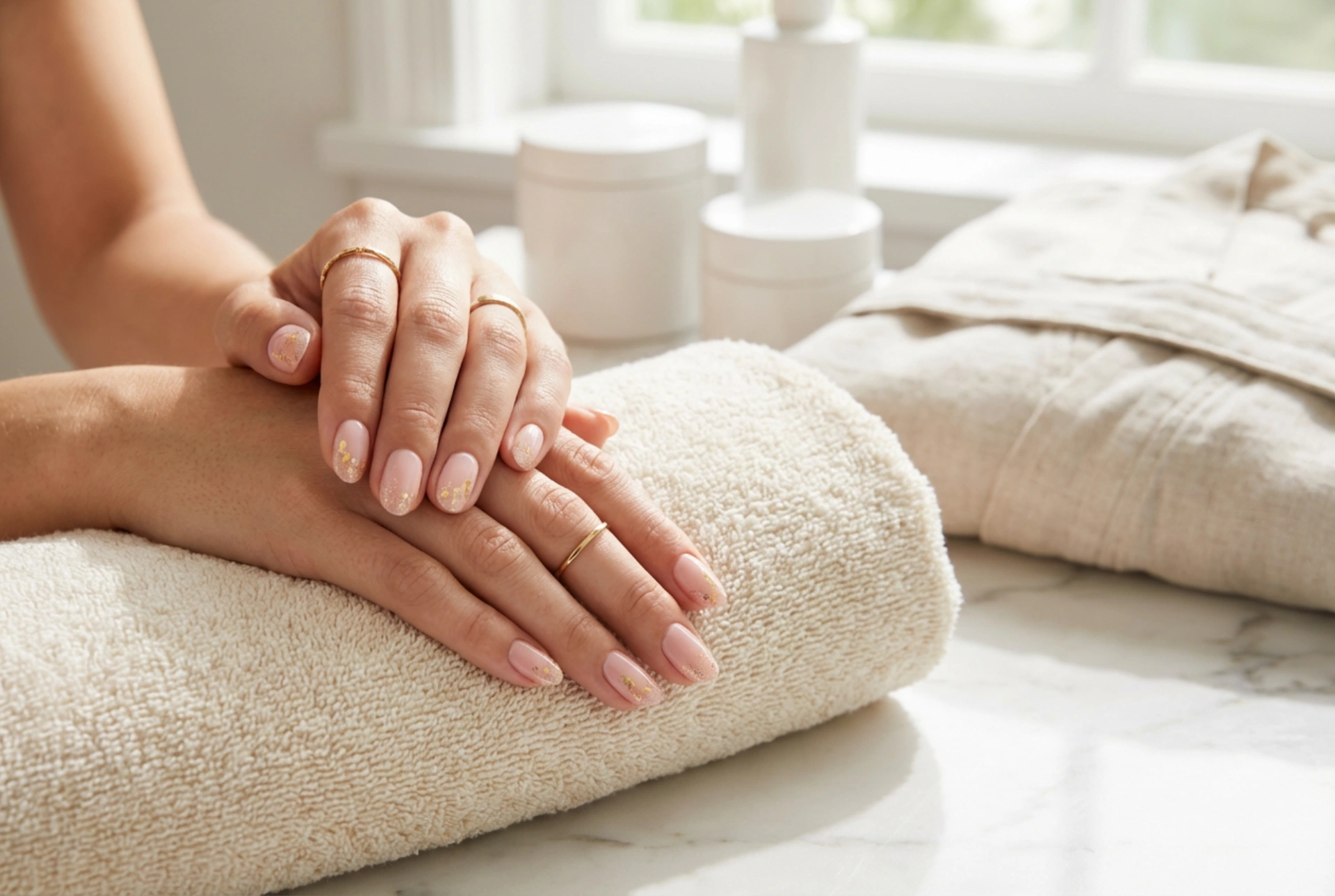 Uñas rosas con dorado: láminas, polvos y acentos sutiles