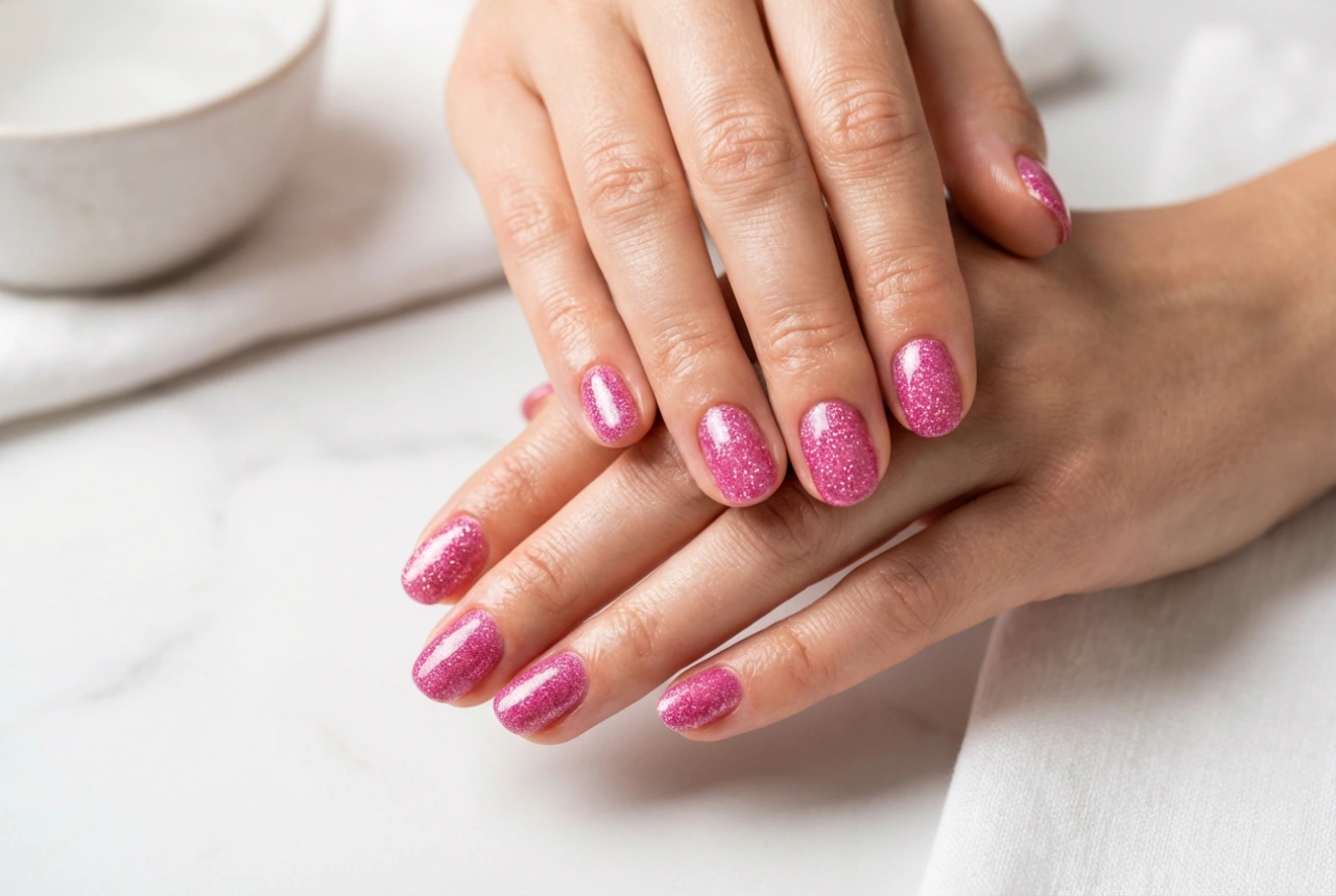 Uñas de purpurina rosa: cobertura uniforme y top coat brillante
