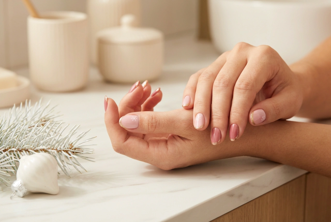 Uñas navideñas rosas: diseños sencillos, purpurina y pegatinas