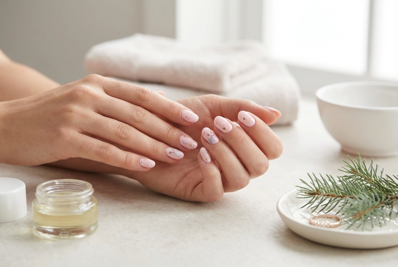 Uñas navideñas rosas: renos en tonos pastel, estrellas y purpurina