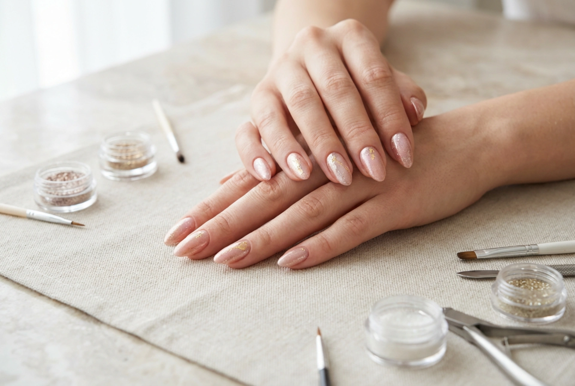 Uñas en oro rosa: brillo delicado, láminas y polvos