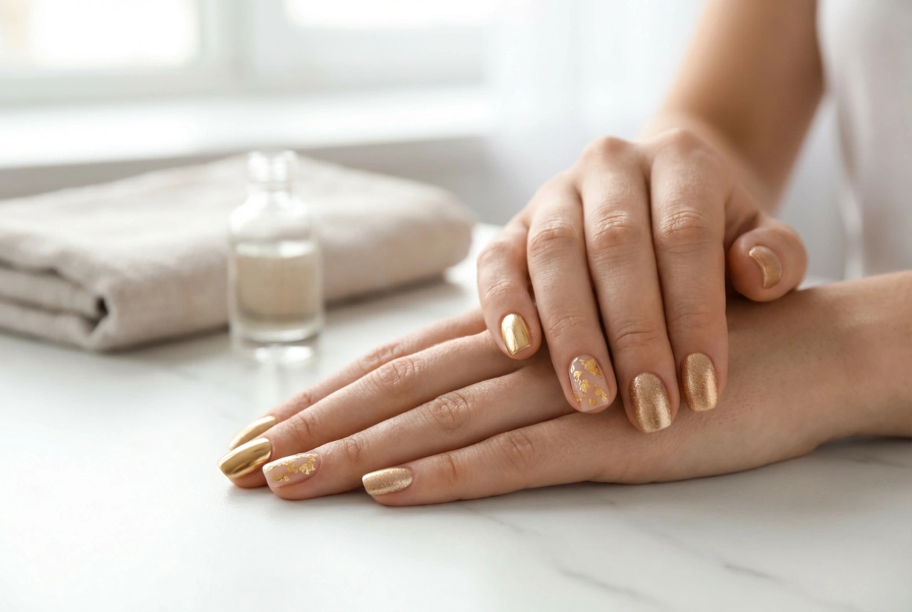 Uñas doradas en sencillos pasos: polvo, papel foil y esmalte metálico