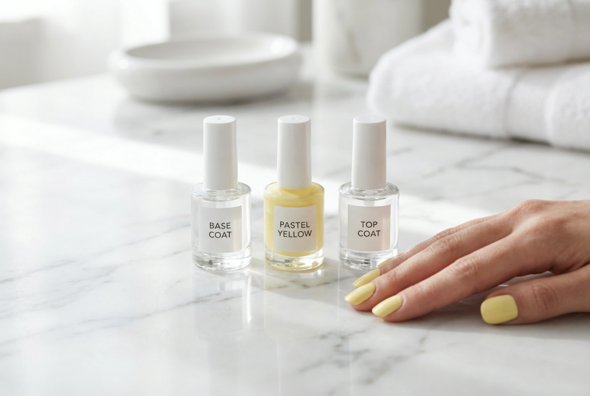 Uñas amarillo pastel sin rayas: base, capas y top coat