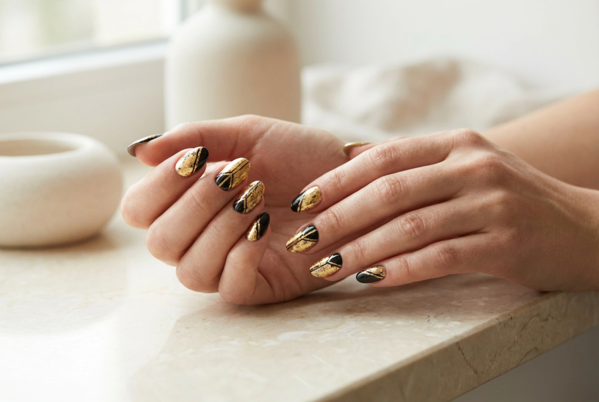 Uñas en oro y negro: estilos contrastantes paso a paso