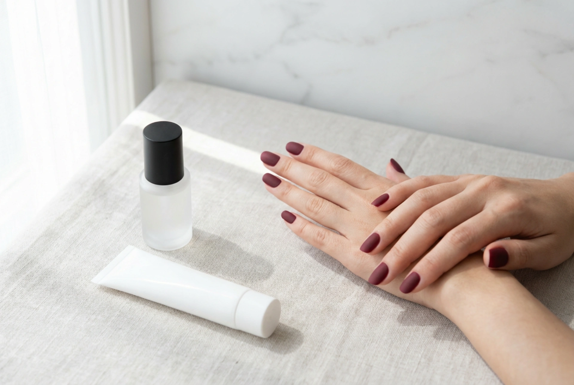 Uñas burdeos mate: profundidad del color, top coat mate y cuidado