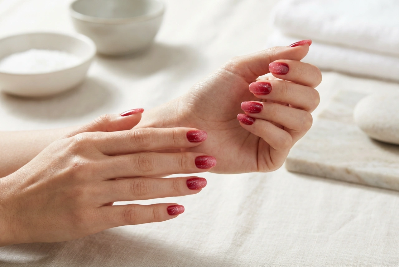 Uñas rojas ombre con purpurina: transiciones suaves y brillo sin desorden