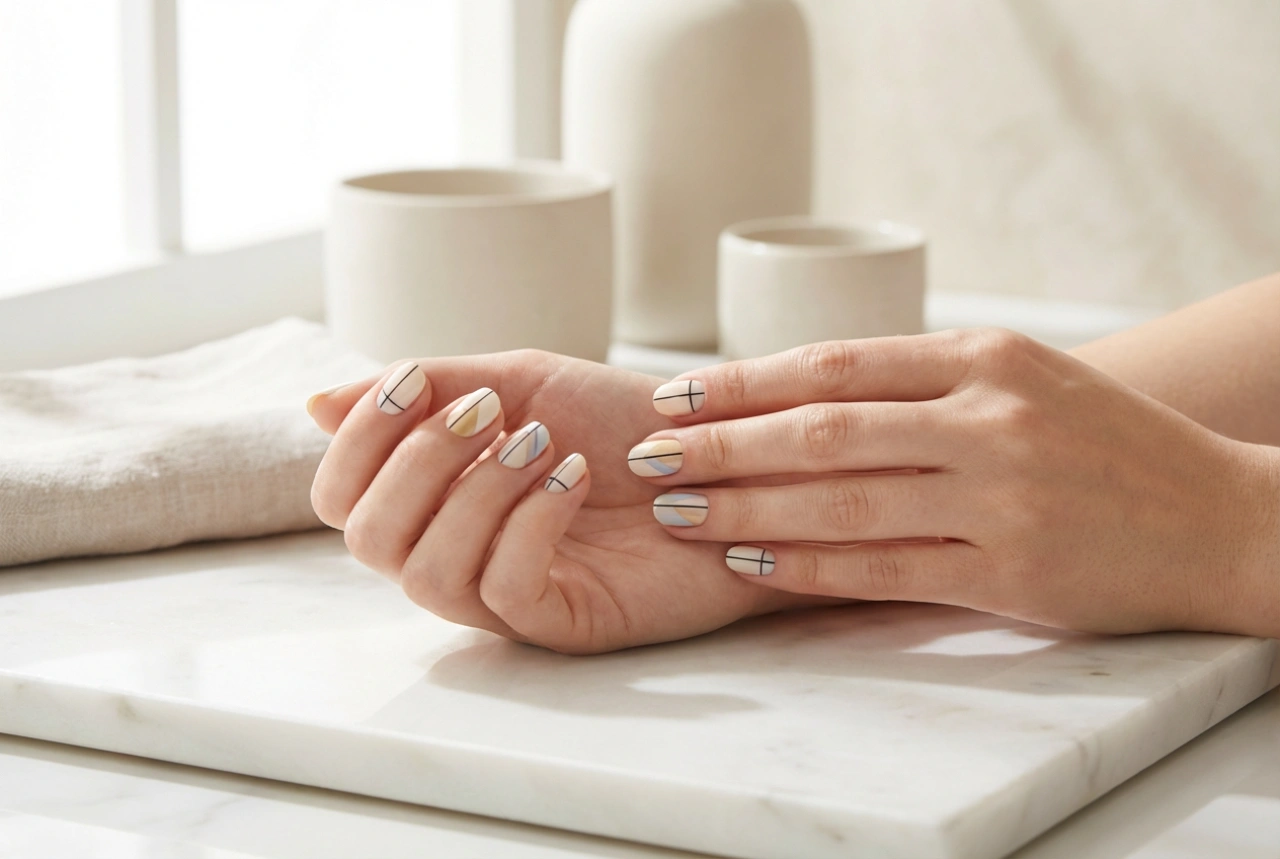 Diseños geométricos en las uñas: cintas, sellos y pintura a mano alzada