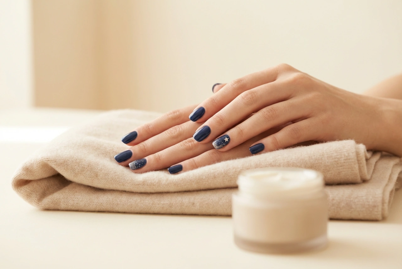 Uñas navideñas en azul marino: técnicas con estrellas y purpurina sutil