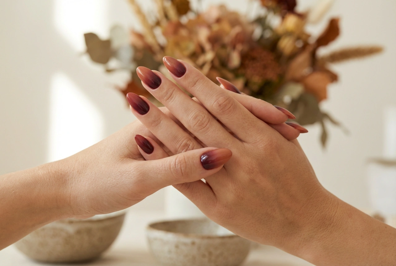 Ombré de otoño en las uñas: paleta de colores, degradado y acabado