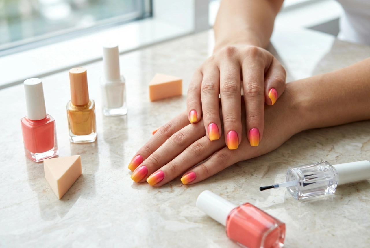Uñas ombre coloridas: mezcla de tonos, esponja y fijación