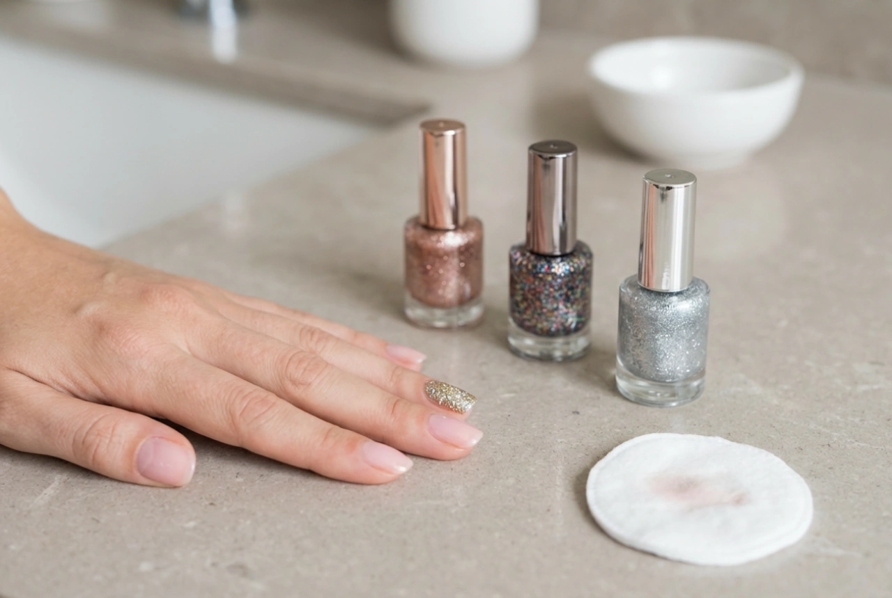 Esmaltes de uñas con purpurina: cobertura uniforme, capas y eliminación