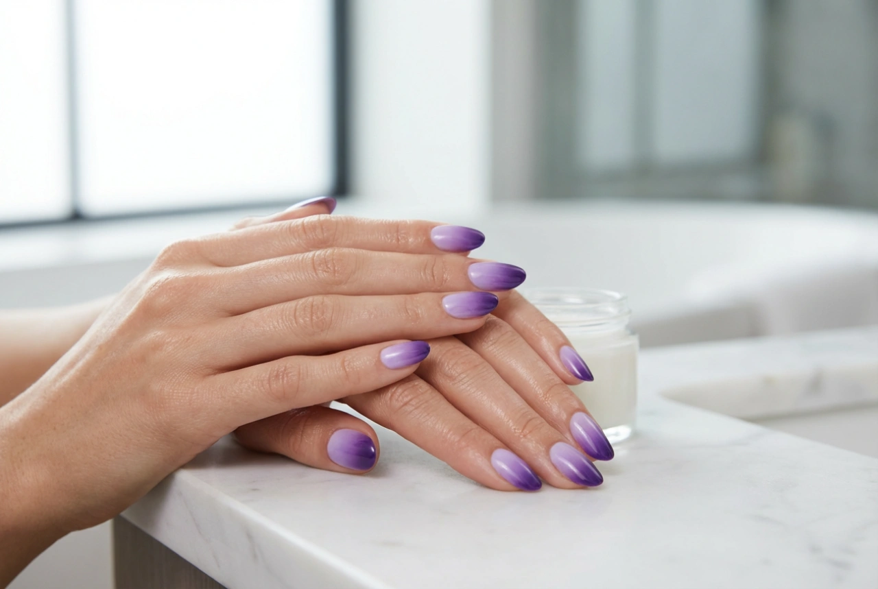 Uñas ombré moradas paso a paso: mezcla de tonos y fijación