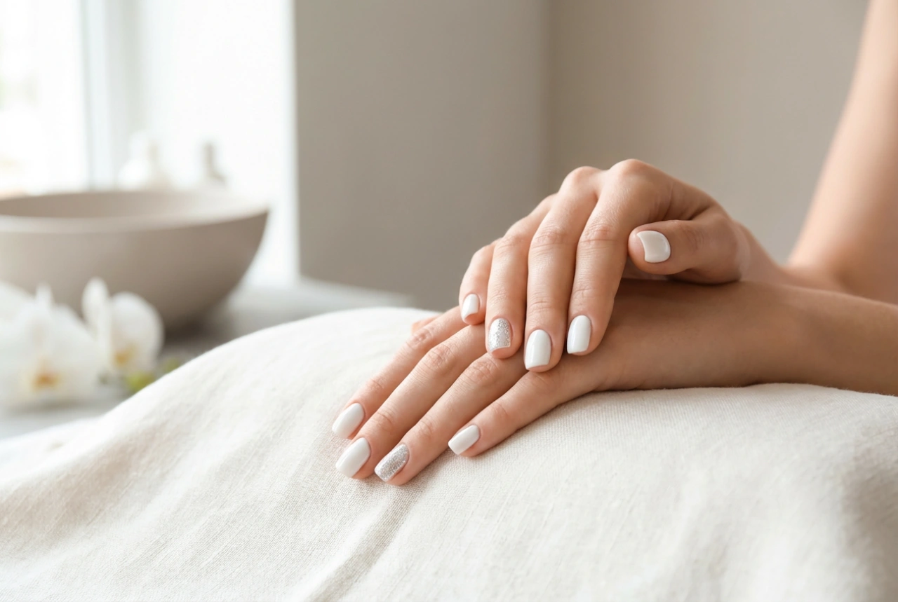 Uñas blancas con un acento plateado: decoraciones y acabados sencillos