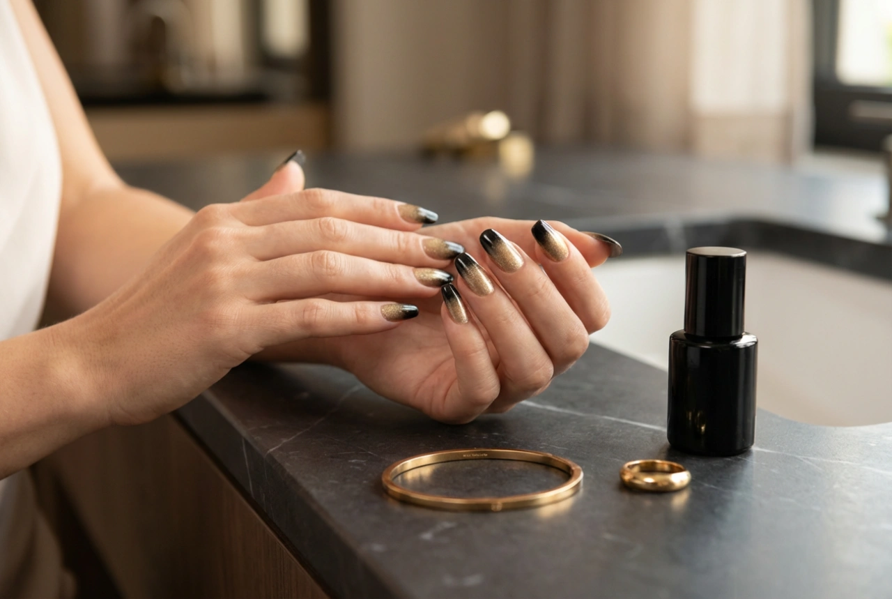 Uñas ombré en negro y dorado: un efecto elegante para la noche