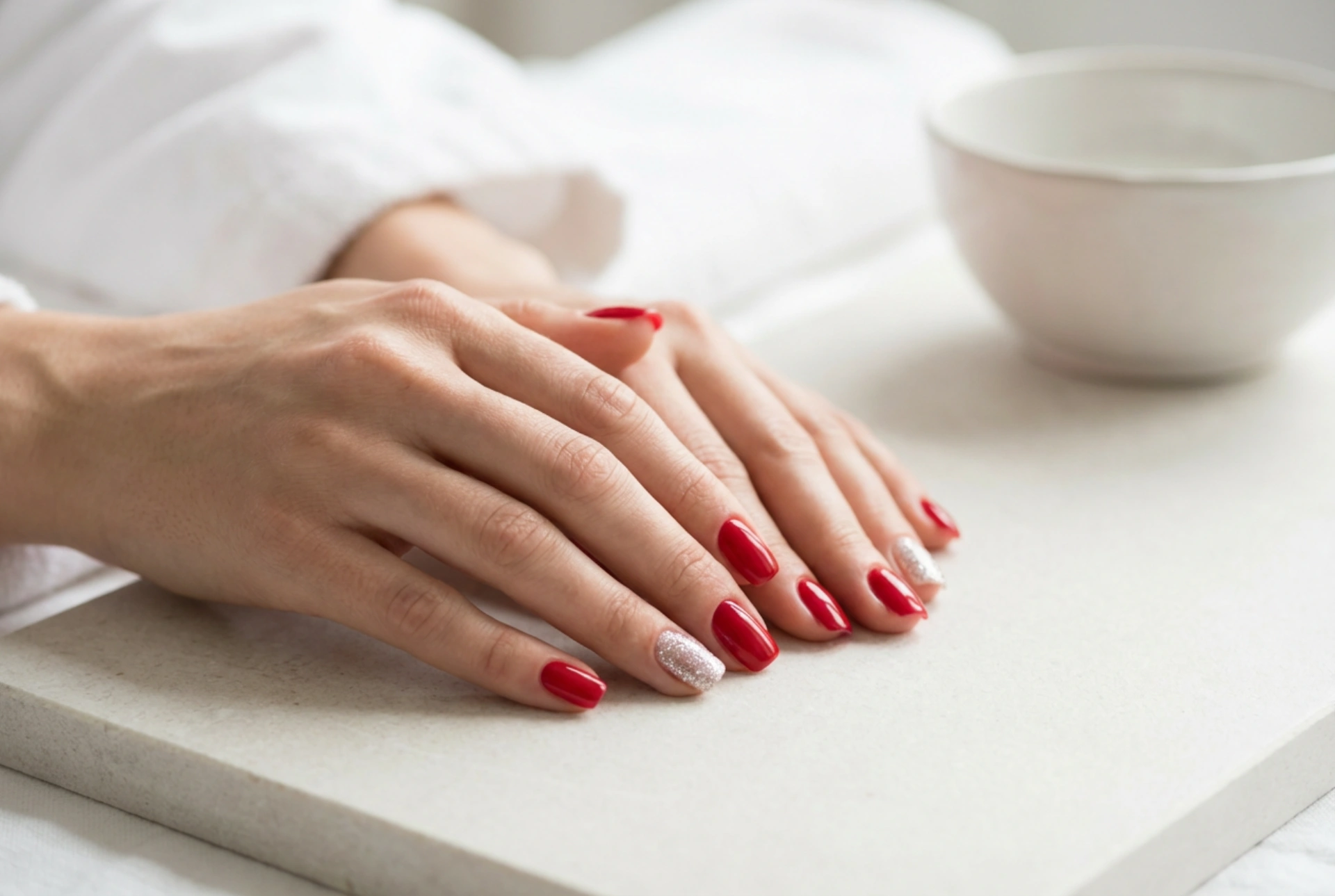 Uñas rojas con brillo plateado: técnicas de aplicación y sellado
