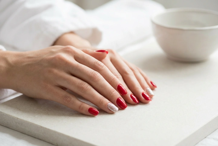 Uñas rojas con brillo plateado: técnicas de aplicación y sellado