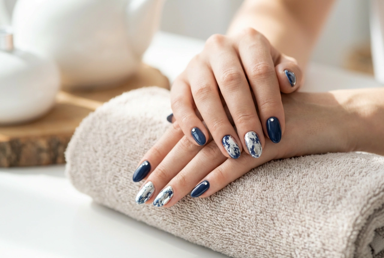 Uñas azul marino y plata: detalles plateados, papel foil y pedrería