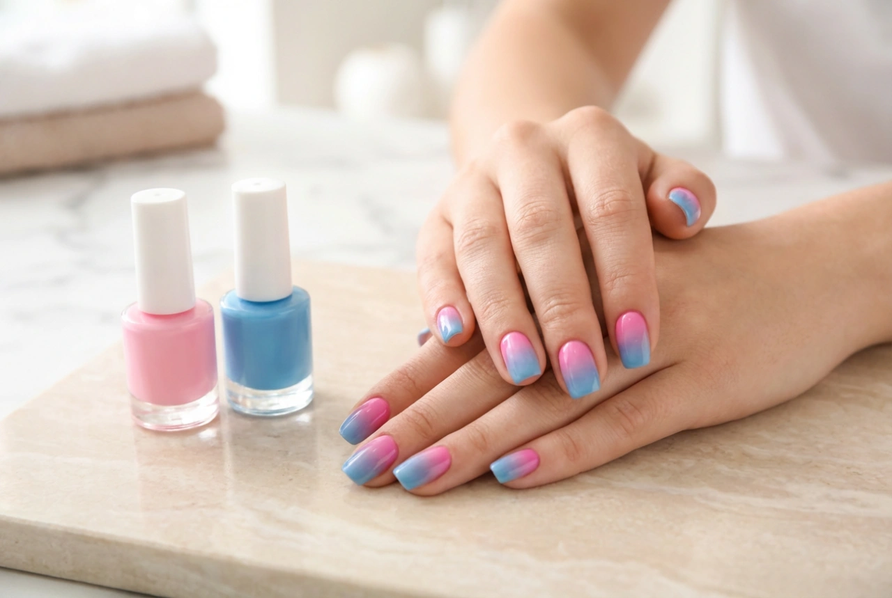 Uñas ombre rosa y azul alegres: selección de esmaltes y técnicas de difuminado