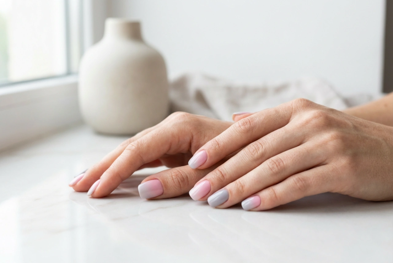Uñas ombré rosa y gris: un dúo elegante para el trabajo y la noche