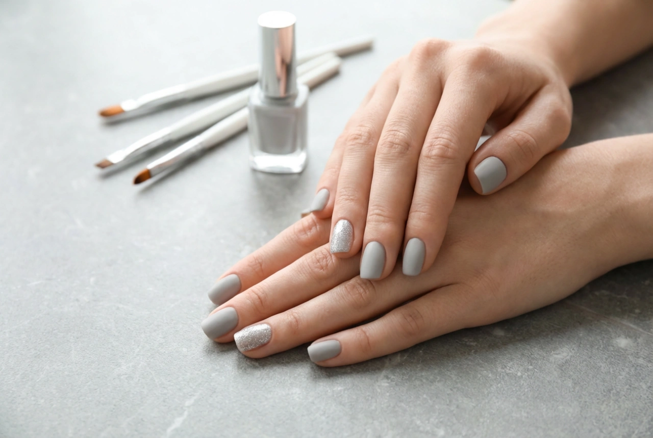 Uñas grises con detalles plateados: métodos sencillos y herramientas