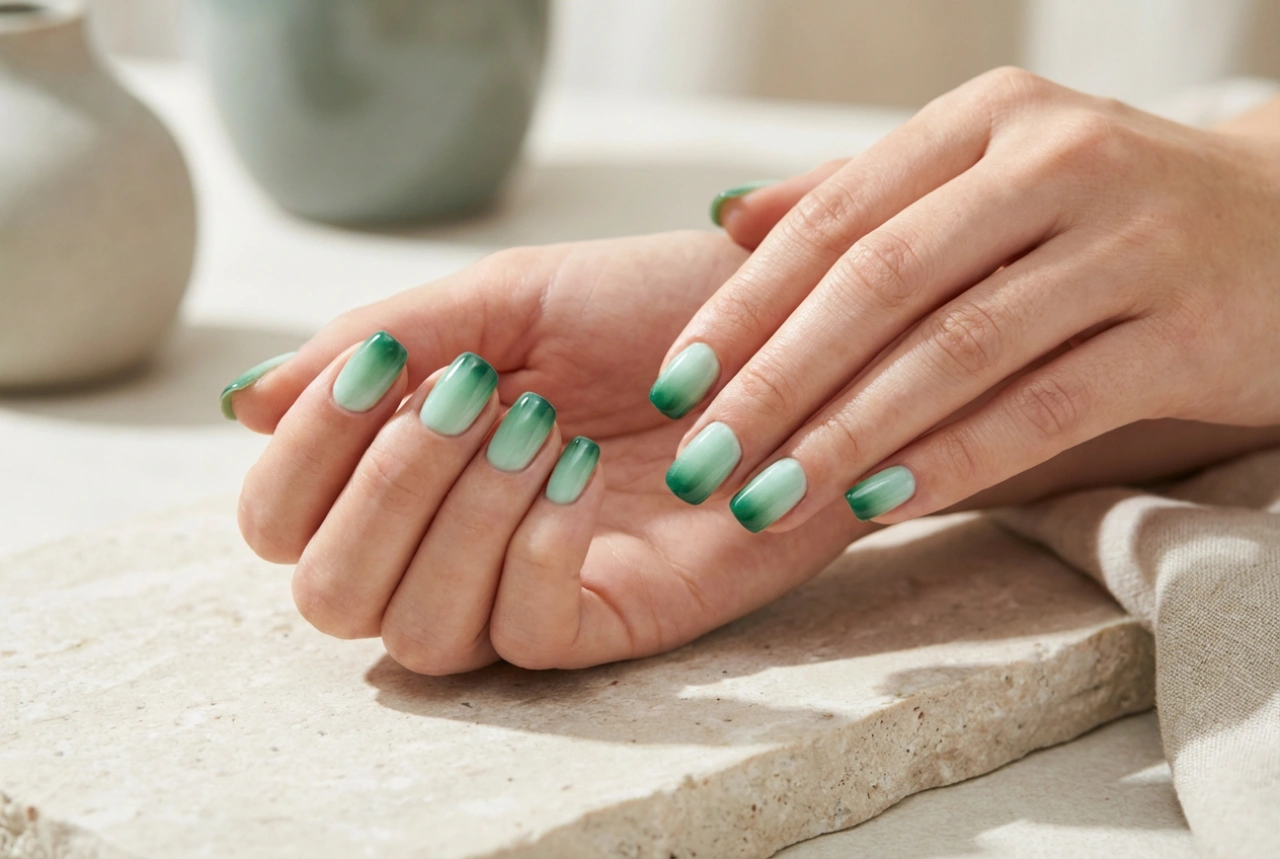 Ombre verde en las uñas: combinaciones de colores y acabados