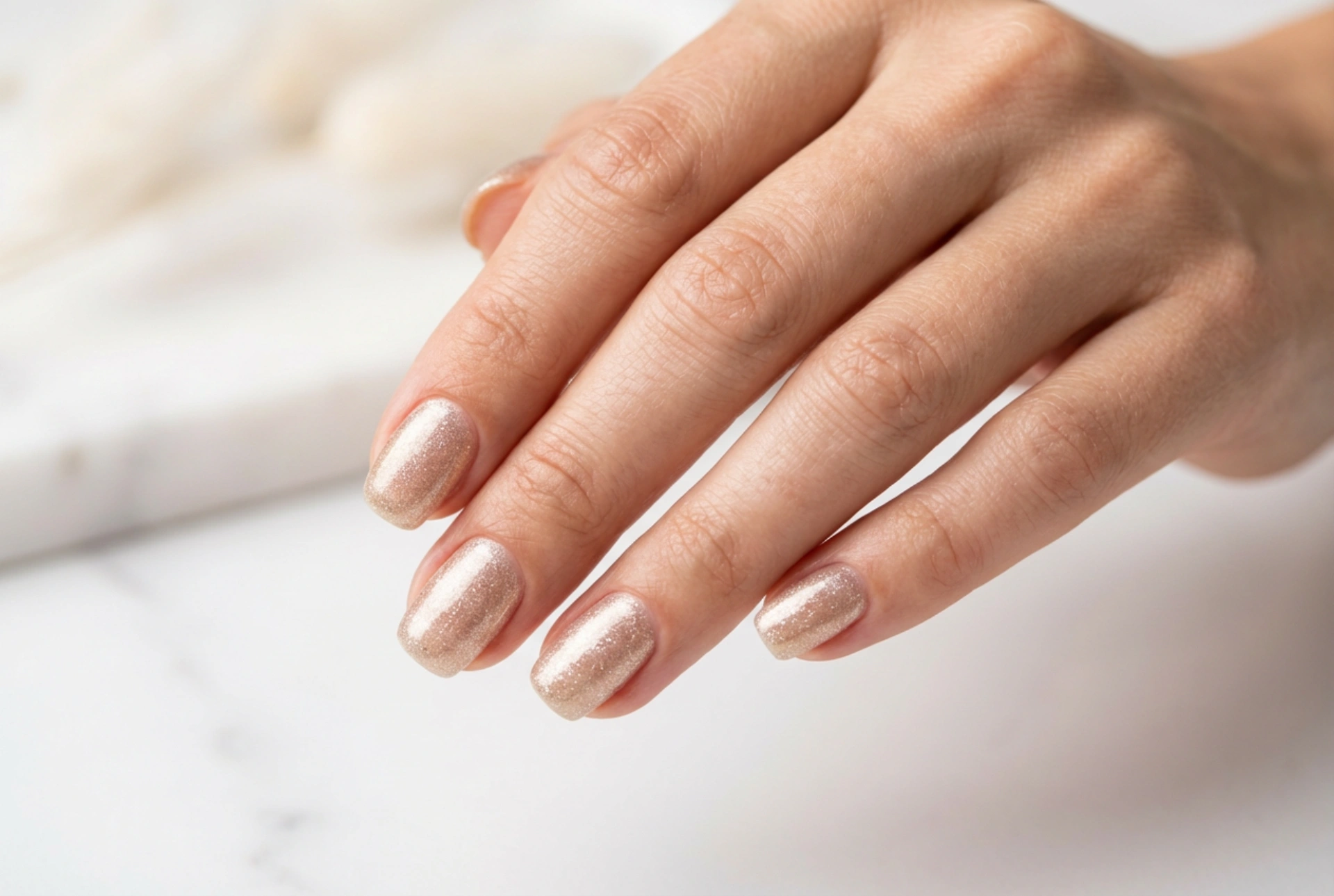 Esmalte semipermanente con partículas: aplicación uniforme y acabado brillante